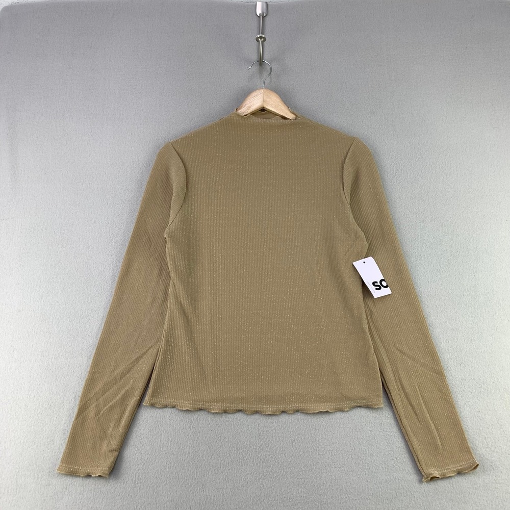 SO Sparkle Rib Knit Mock Neck Blouse Women L Tan NWT Minimalist